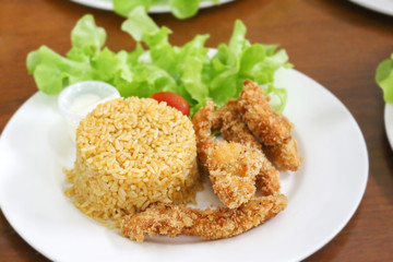 fried rice and breaded fried chicken in white plate