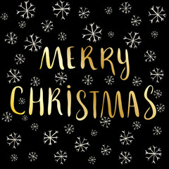 Merry christmas card with lettering and snowflakes. Vector illustration