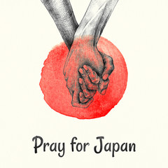 Pray for Japan, concept for hope and helpful support for the Japan victims,  hand hold together on watercolor flag