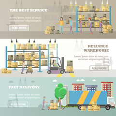 Logistic and delivery service concept banner. Warehouse interior. Vector illustration in flat style design