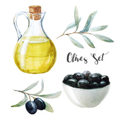 Watercolor olives and olive oil