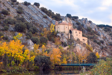 SORIA, SPAIN - NOVEMBER 2, 2016: View of the hermitage of San Saturio, on the banks of the Douro River at sunset