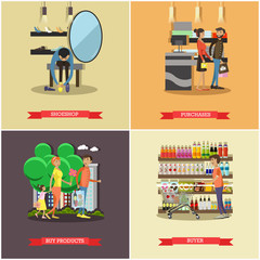 People shopping in a store concept posters. Colorful vector illustration.