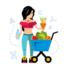 Vector Healthy food and Girl. Flat style colorful Cartoon illustration.