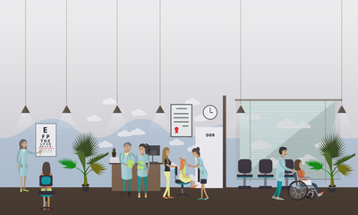 Horizontal vector banner with doctors and hospital interiors. Medicine concept. Patients passing medical check up.