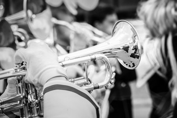 Details from a showband, fanfare our drumband with Instruments