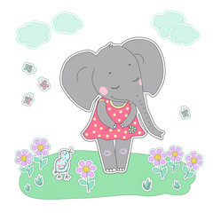 Elephant girl with closed eyes having flower in her hand