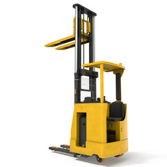 Yellow industrial fork lifter for cargo transport isolated on white. 3D illustration