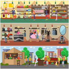 People shopping in a store and local market concept banners. Colorful vector illustration.