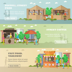 Street food festival concept vector banners. People sell products from stalls