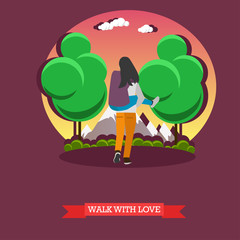 Man carry his girlfriend on back. Romantic happy couple concept vector illustration