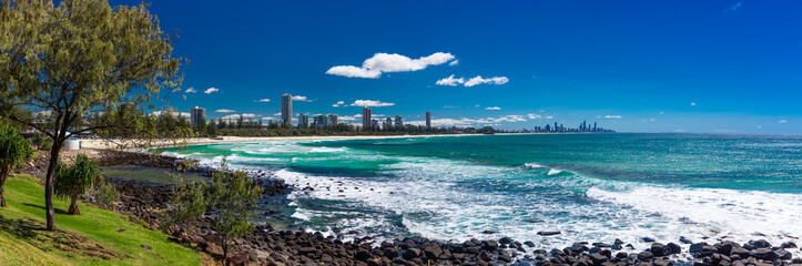 Gold Coast skyline and surfing beach visible from Burleigh Heads