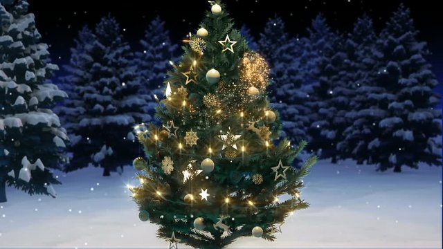 3d rendering of a shiny christmas tree in the woods. merry christmas concept