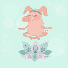 The lovely happy pig blindly sits in a lotus pose