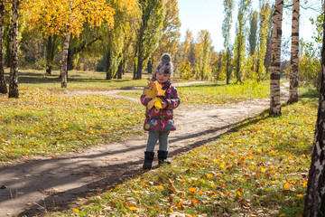 little girl with colorful autumn leaves