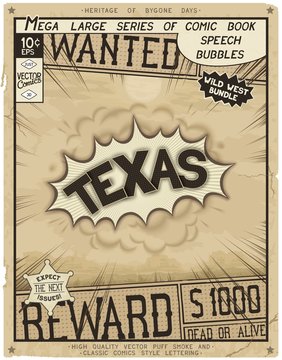 Texas - United States of America. Retro poster in style of times the Wild West.
 Comic speech bubble with speed lines and 3D explosion.