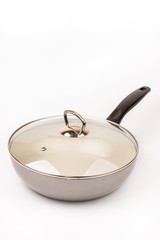 Empty ceramic pan with a lid on a white background