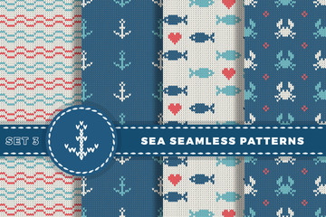 Sea and nautical backgrounds in white, turquoise, red and dark blue colors. Sea theme. Set seamless patterns collection. Woolen knitted texture. Vector Illustration.