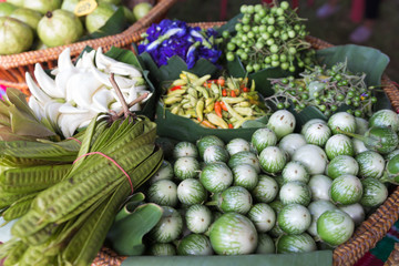 active ingredients for thai cuisine preparing in wicker containe