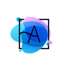 Letter A logo in square frame at blue watercolor splash