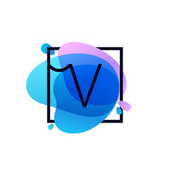 V letter logo in square frame at blue watercolor splash