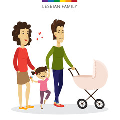 Vector lesbian couple love concept. Family of two women, daughter and baby in the cradle.