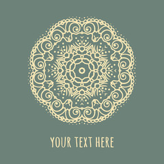 Hand drawn Boho style frame on a teal background with a place for your text. Circle Boho wreath for invitations, save the date or wedding card design. Yoga Meditation Logo Graphic. Vector illustration