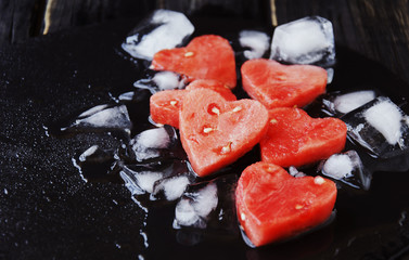 watermelon hearts with ice cubes for Valentine's Day
