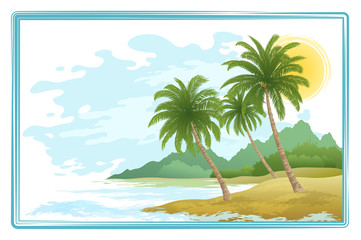 Fototapeta na wymiar Tropical Sea Landscape, Beach, Green Exotic Palm Trees, Island with Mountains and Sky with Clouds. Eps10, Contains Transparencies. Vector