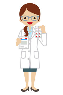 female pharmacist holding pills and prescription clip art preview