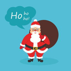 Postcard for Christmas and New Year. Cute character Santa with bag of gifts. Modern flat design.
