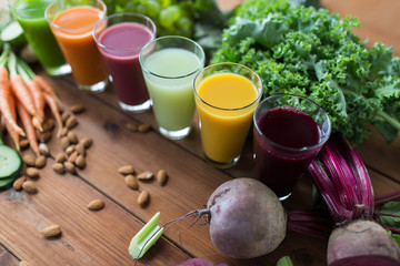 glasses with different fruit or vegetable juices