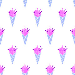 Seamless color ice cream cone pattern, hand-drawn summer food vector, doodle ice-cream background, for cards, invitations, food design, EPS 8