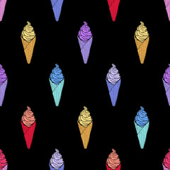 Seamless cone ice cream pattern, hand-drawn colorful summer food background, ice-cream doodle vector, for cards, invitations, food design, EPS 8