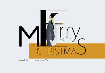 Typographic Merry Christmas greeting card with Emperor penguin 