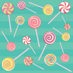 Striped candy canes and candy on a stick without the wrapper. Christmas, New Year, winter holiday, dessert, New Year, and food. Vector illustration.