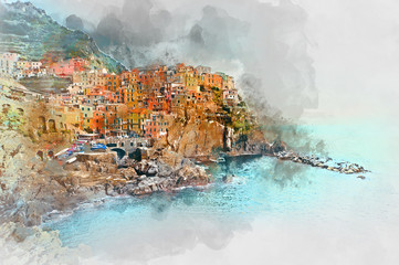 Digital watercolor painting of Manarola. Liguria, Italy