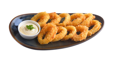 fried squid in ceramic plate isolated on white background