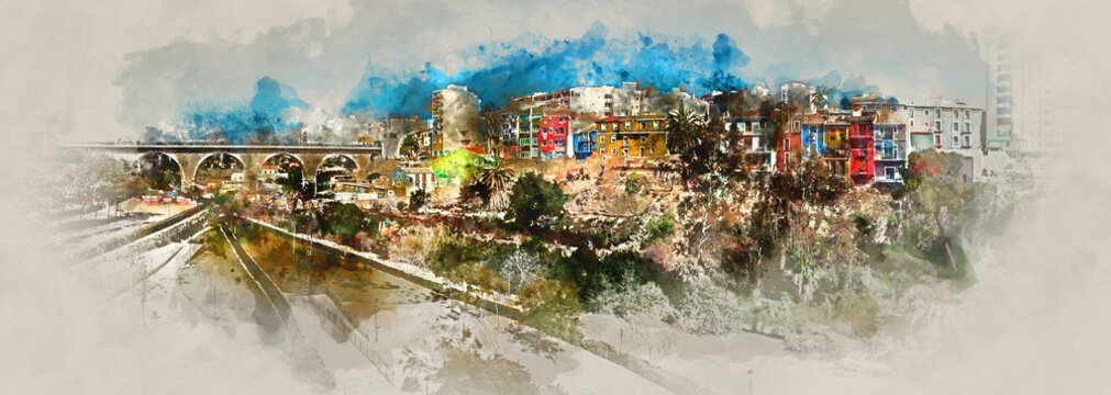 Digital watercolor painting of Villajoyosa town, Spain