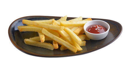 French fries with tomato sauce in caramic plate isolated on whit
