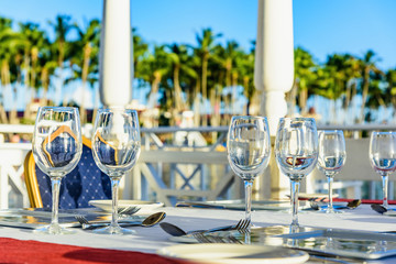 festive table in the gazebo at sunset