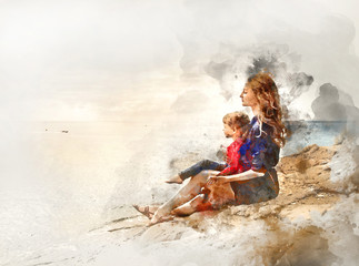 Mother and daughter outdoors. Digital watercolor painting