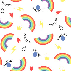 Fototapeta premium Abstract seamless pattern with eyes, drops, rainbows, crowns. Fashion background for wallpapers, pattern fills, web backgrounds, surface textures, textile