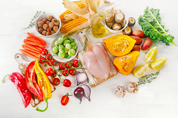 Balanced diet food concept. Fruits, vegetables and chicken breas