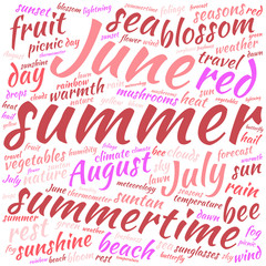 Summer word cloud in shape of square on white background. 