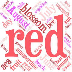 Red word cloud in shape of square on white background. 