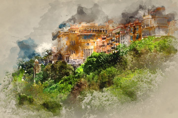 Principality of Monaco. Digital watercolor painting.