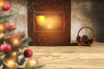 fireplace and wooden desk space 