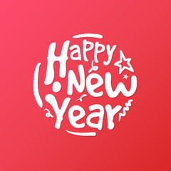 Happy New Year hand written lettering circle. Modern brush calligraphy for greeting card, poster, photo overlay. Isolated on red background. Vector illustration.