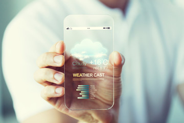 close up of hand with weather cast on smartphone